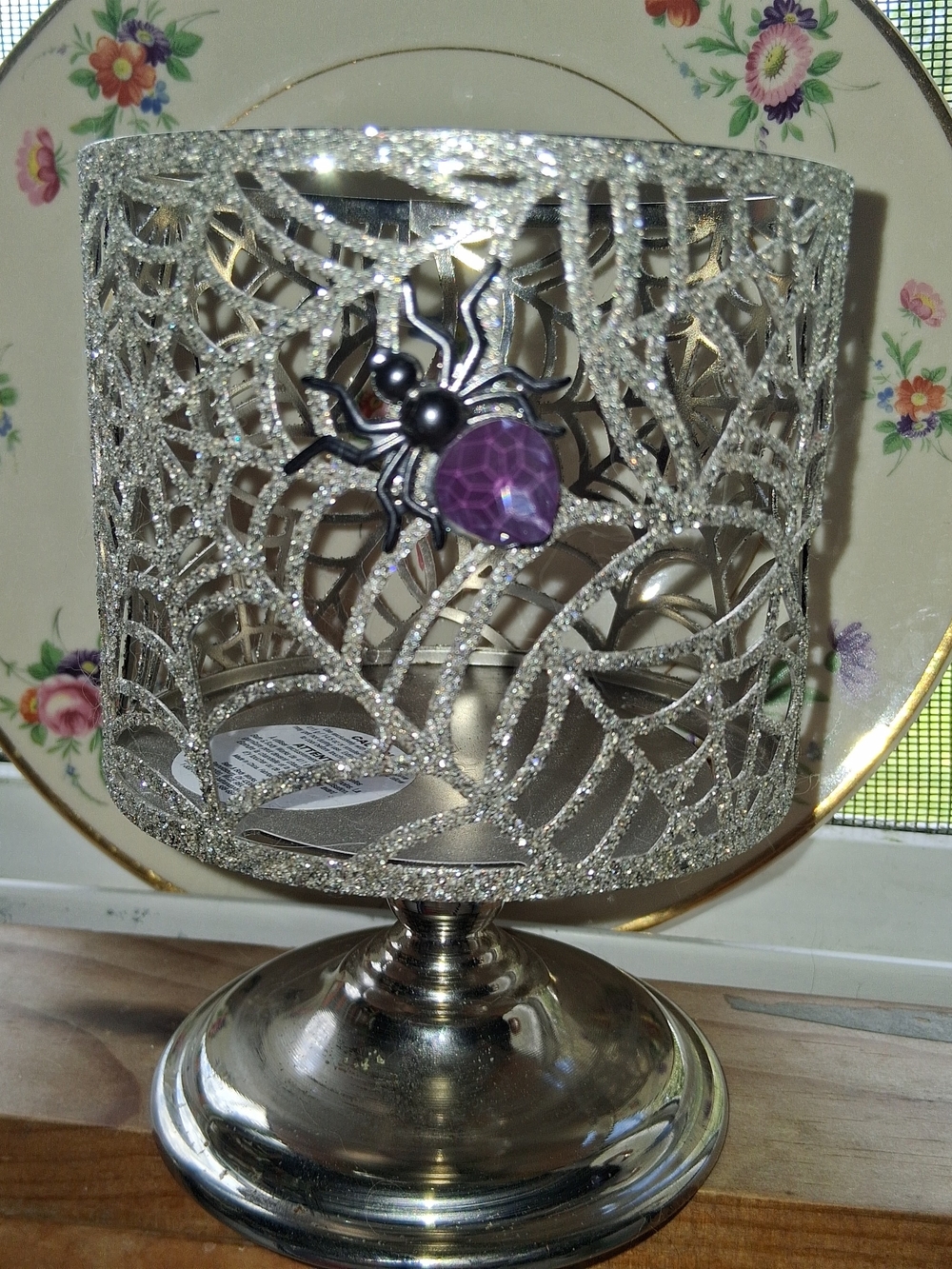 Bath & Body Works Silver Glitter Spiderweb Candle Holder with Purple Spider NEW